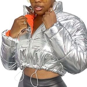 Silver Puffer Jacket with Orange Lining Size Medium